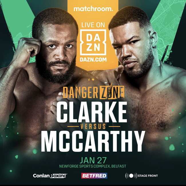 Fight poster showing Cheavon Clarke and Thomas McCarthy in various poses.