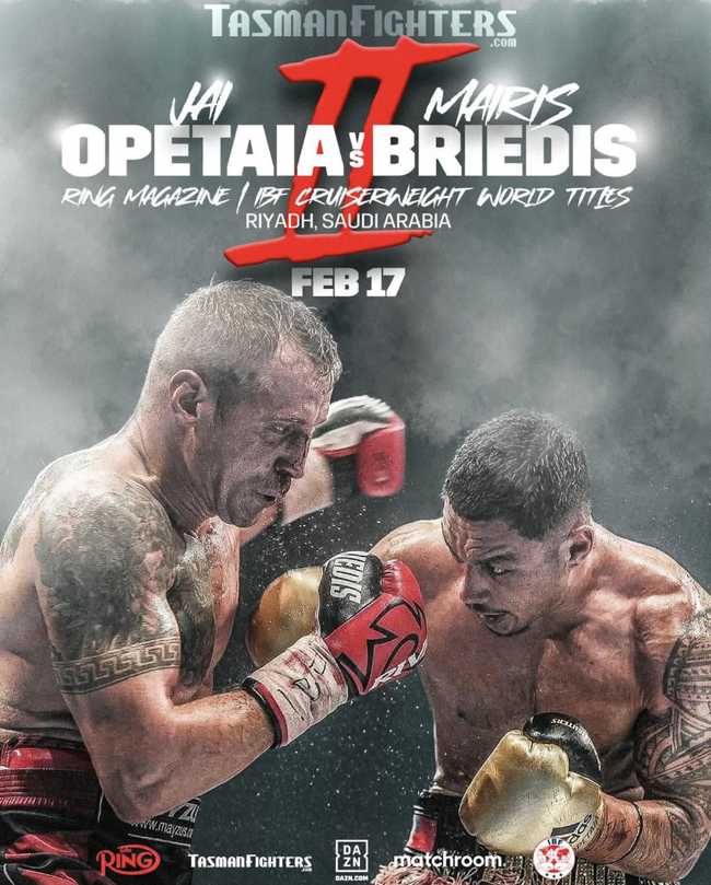 Fight poster showing Jai Opetaia and Mairis Briedis in various poses.