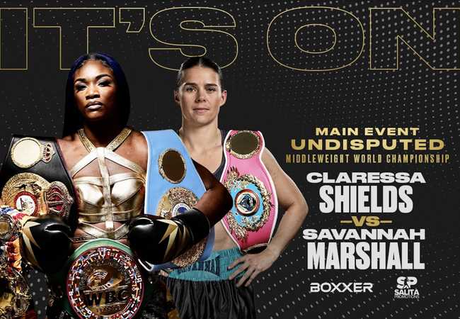 Fight poster showing Claressa Shields and Savannah Marshall in various poses.