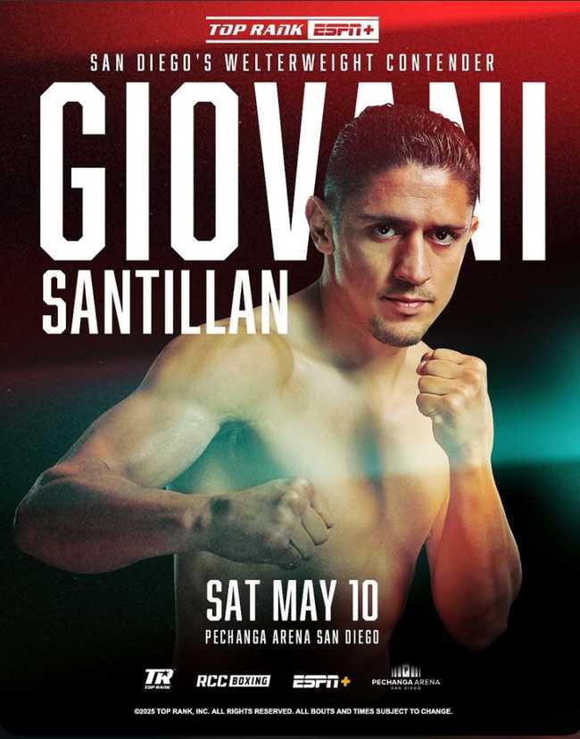 Fight poster showing Giovani Santillan and Angel Beltran Villa in various poses.