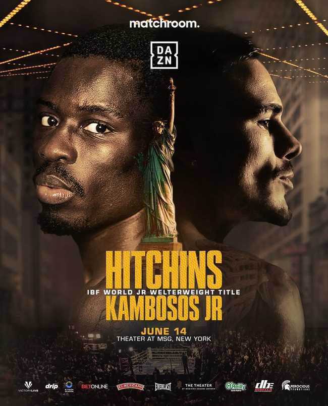 Fight poster showing Richardson Hitchins and George Kambosos in various poses.