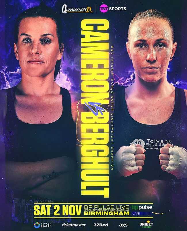Fight poster showing Chantelle Cameron and Patricia Berghult in various poses.