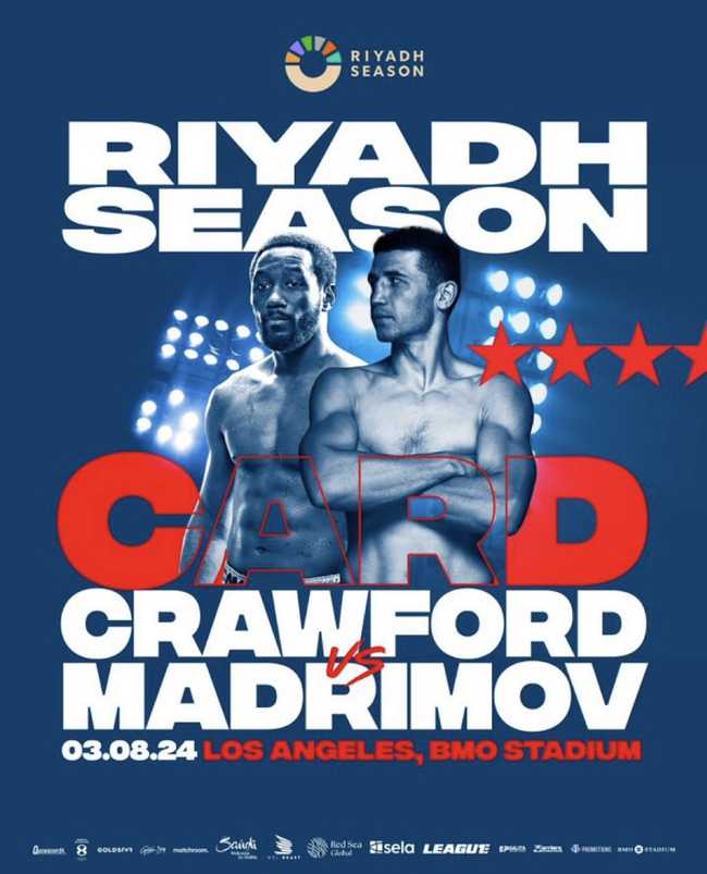Fight poster showing Israil Madrimov and Terence Crawford in various poses.