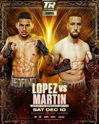 Fight poster showing Teofimo Lopez and Sandor Martin in various poses.