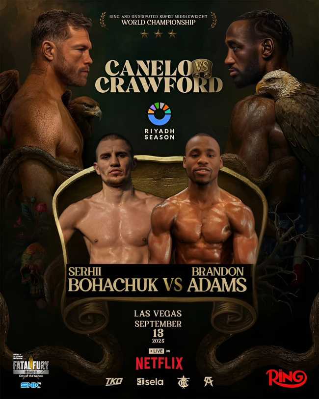 Fight poster showing Serhii Bohachuk and Brandon Adams in various poses.
