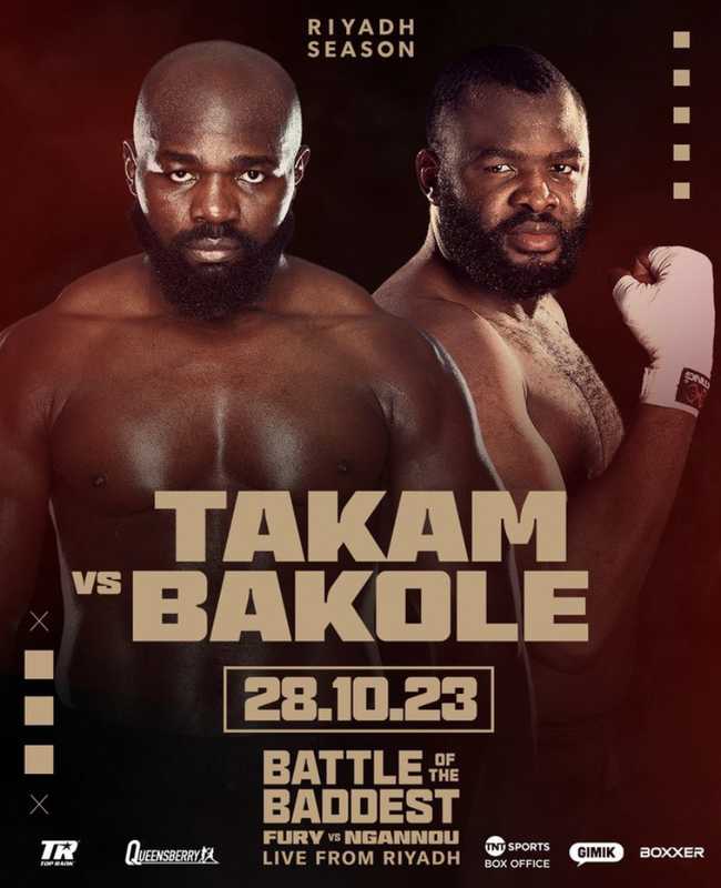 Fight poster showing Martin Bakole and Carlos Takam in various poses.