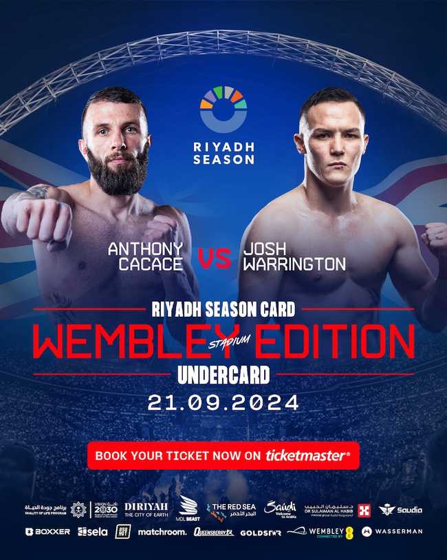 Fight poster showing Anthony Cacace and Josh Warrington in various poses.
