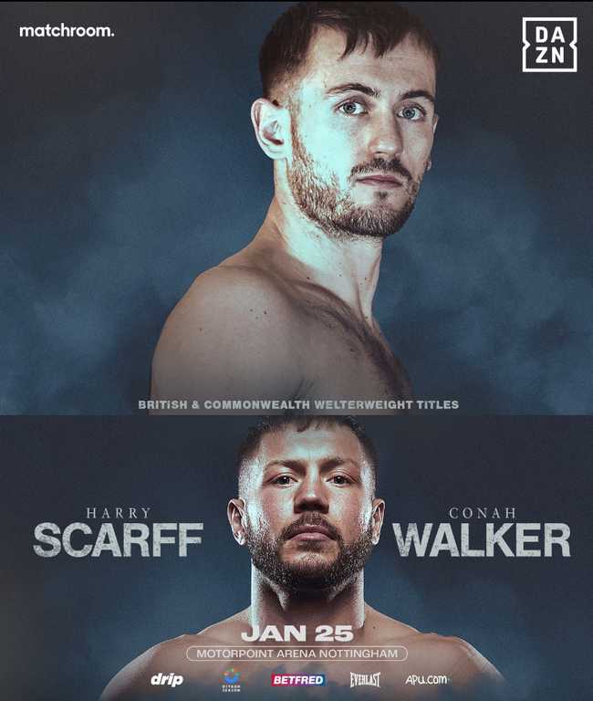 Fight poster showing Harry Scarff and Conah Walker in various poses.