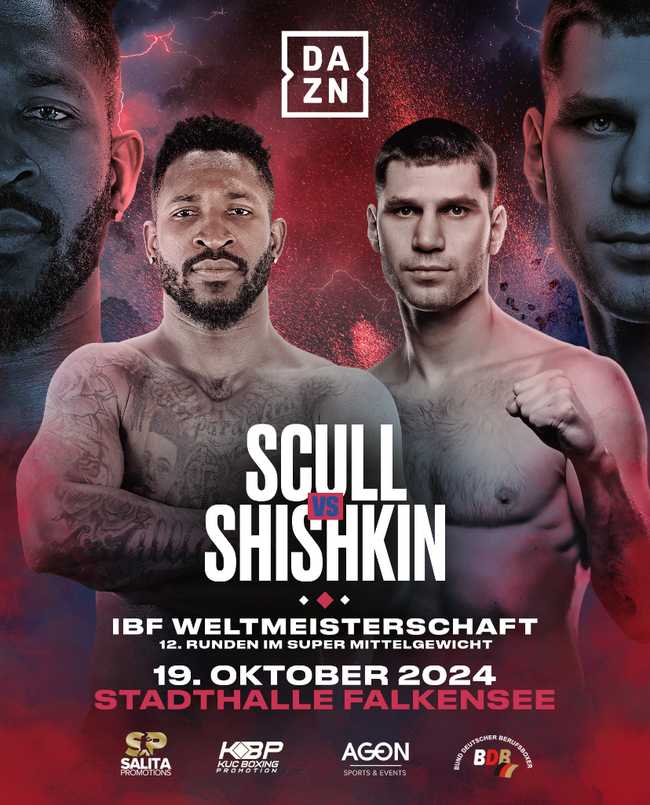 Fight poster showing William Scull and Vladimir Shishkin in various poses.
