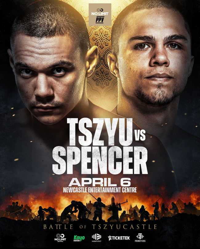 Fight poster showing Tim Tszyu and Joseph Spencer in various poses.