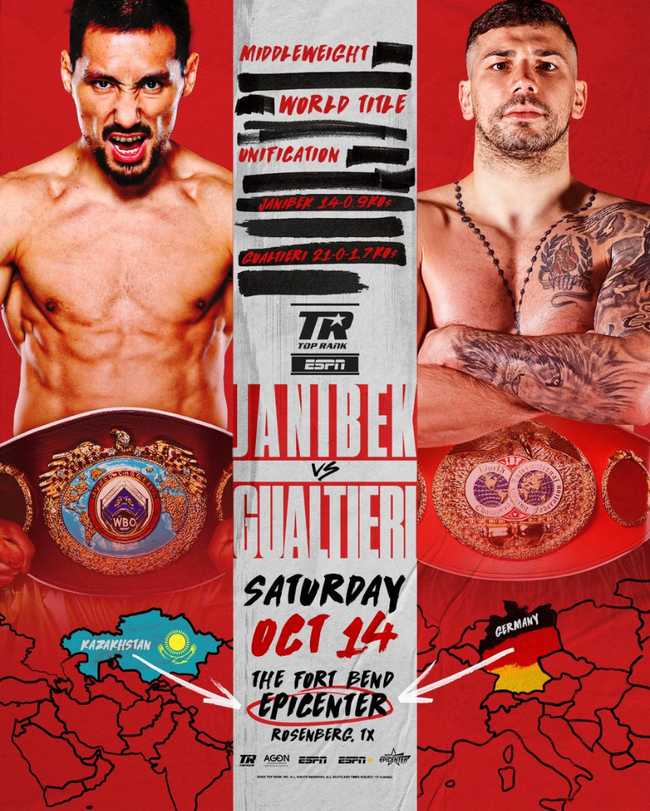 Fight poster showing Janibek Alimkhanuly and Vincenzo Gualtieri in various poses.