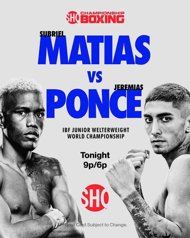 Fight poster showing Subriel Matias and Jeremias Ponce in various poses.