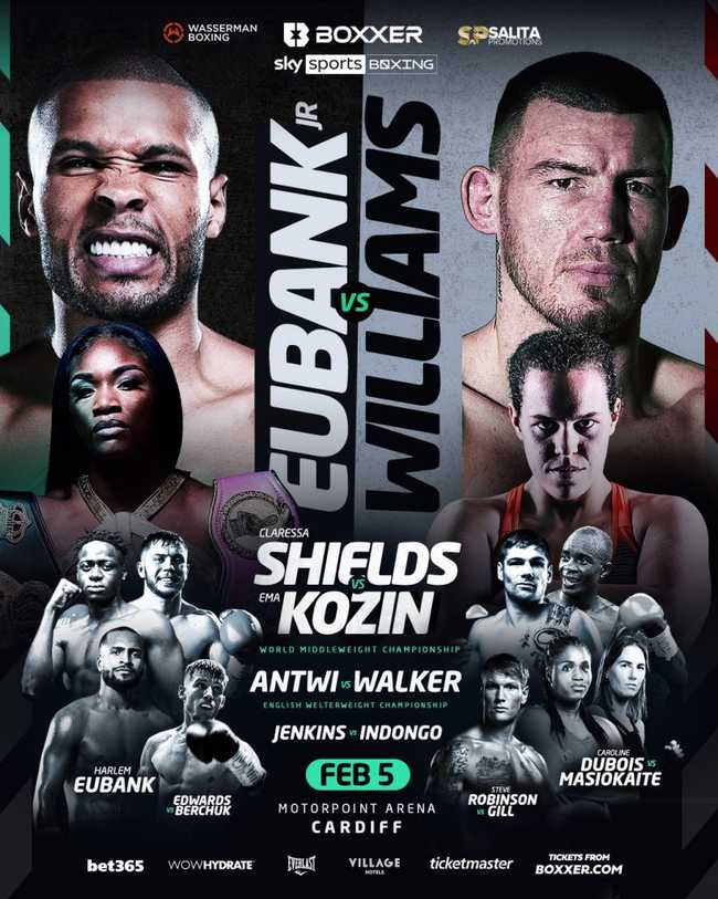 Fight poster showing Chris Eubank Jr and Liam Williams in various poses.