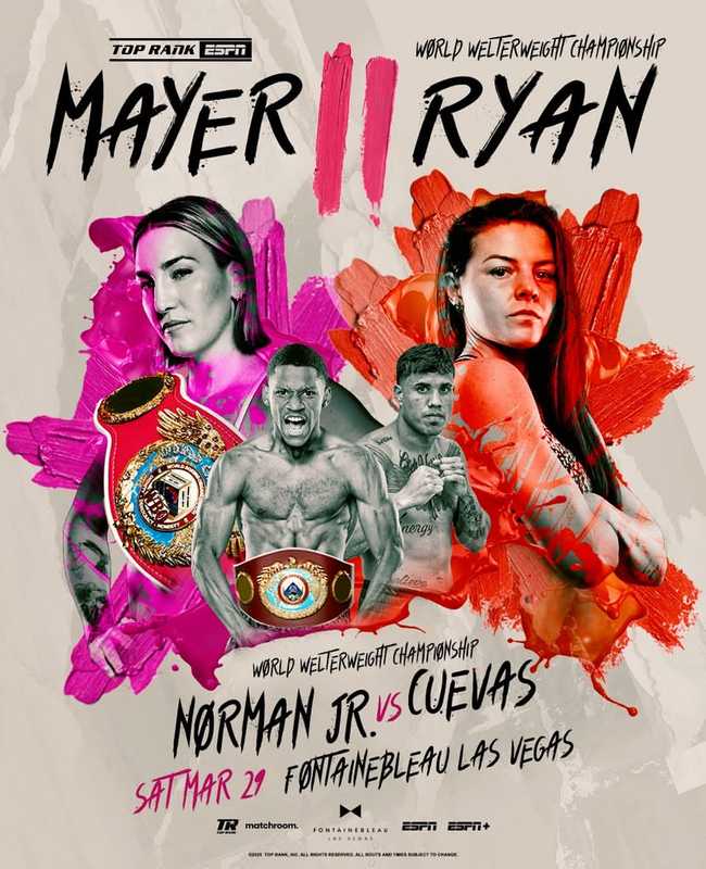 Fight poster showing Mikaela Mayer and Sandy Ryan in various poses.