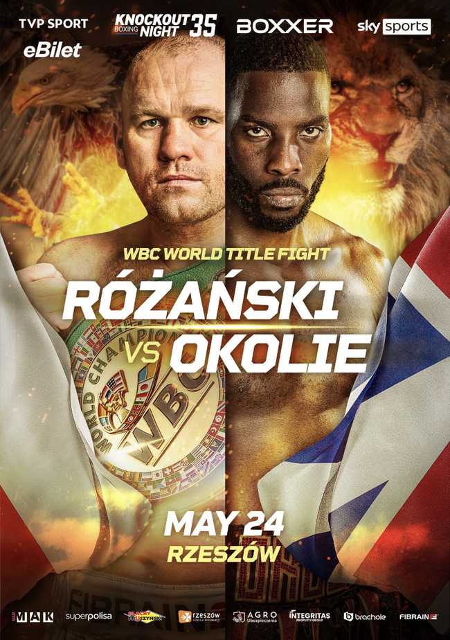 Fight poster showing Lukasz Rozanski and Lawrence Okolie in various poses.