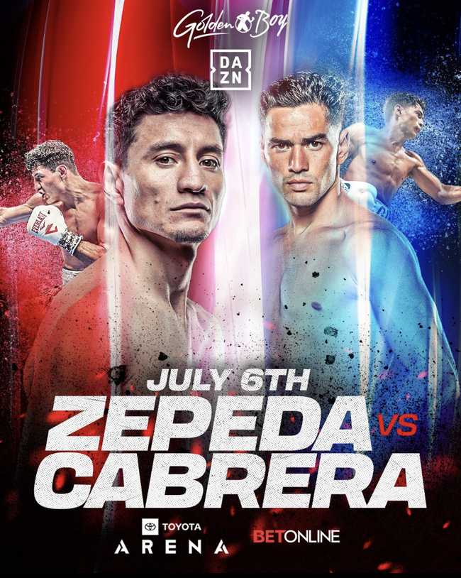 Fight poster showing William Zepeda and Giovanni Cabrera  in various poses.