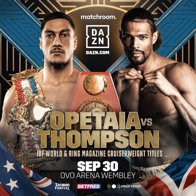 Fight poster showing Jai Opetaia and Jordan Thompson in various poses.