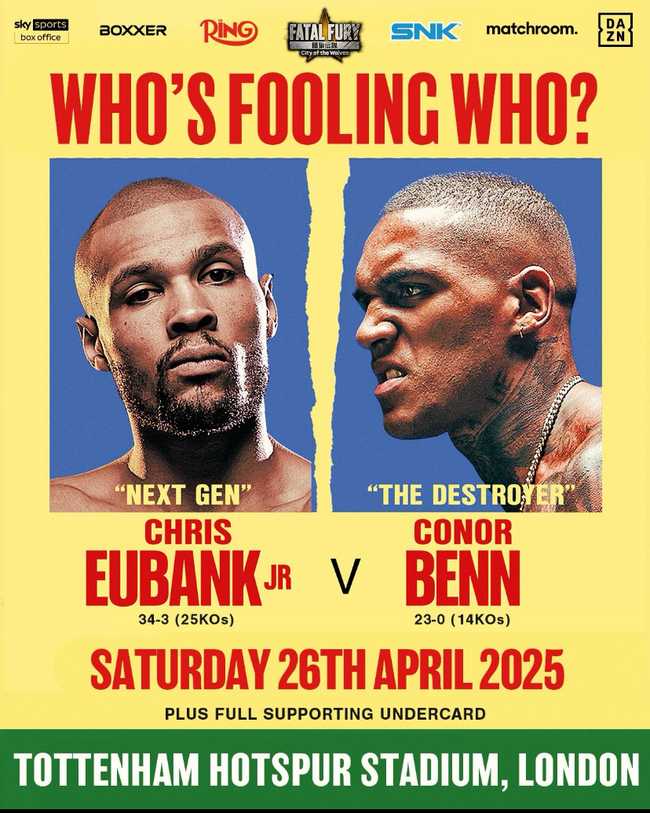 Fight poster showing Chris Eubank Jr and Conor Benn in various poses.
