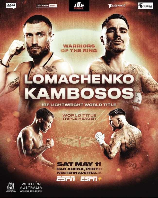 Fight poster showing Vasiliy Lomachenko and George Kambosos in various poses.