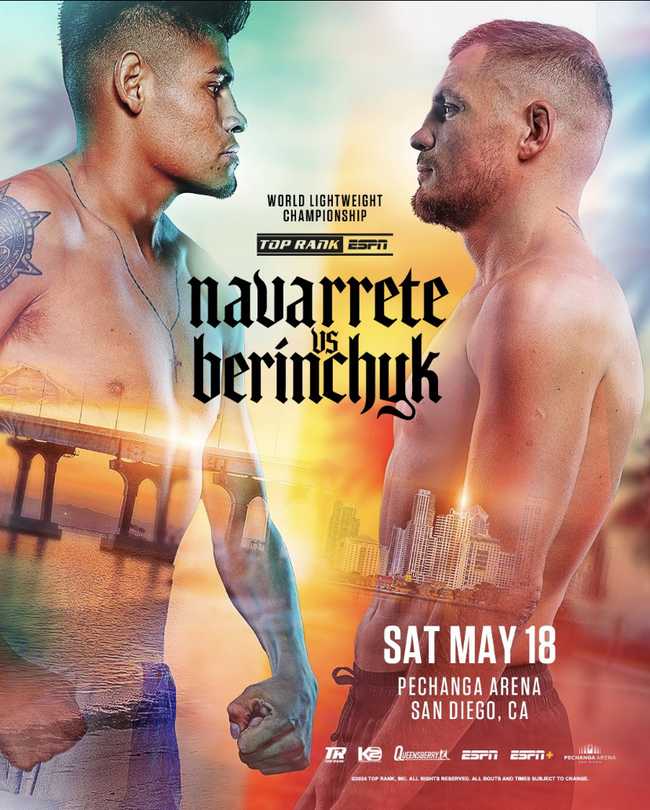Fight poster showing Emanuel Navarrete and Denys Berinchyk in various poses.