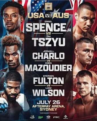 Fight poster showing Errol Spence and Tim Tszyu in various poses.