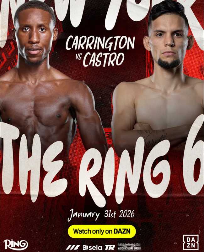 Fight poster showing Bruce Carrington and Carlos Castro in various poses.