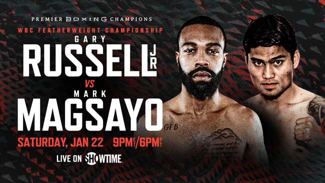 Fight poster showing Gary Russell Jr and Mark Magsayo in various poses.