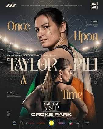 Fight poster showing Katie Taylor and Flora Pili in various poses.