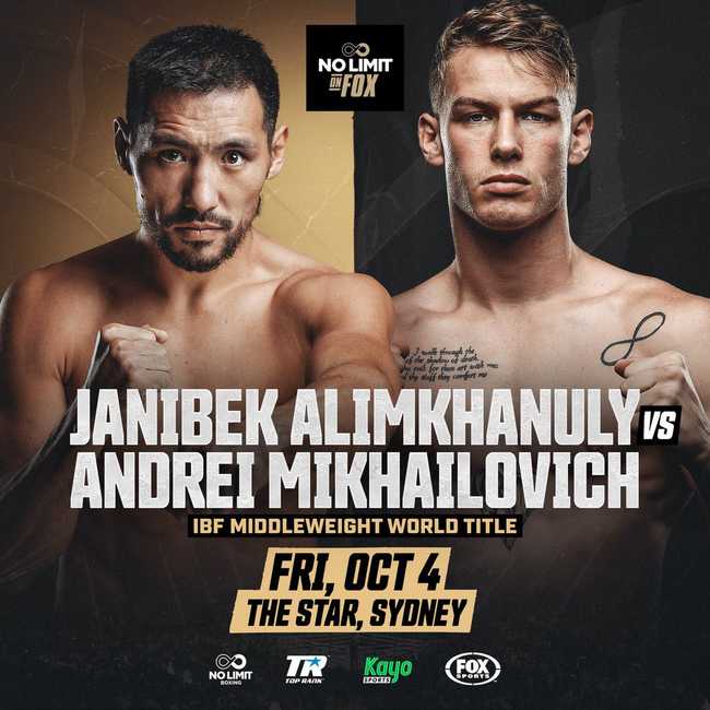 Fight poster showing Janibek Alimkhanuly and Andrei Mikhailovich in various poses.
