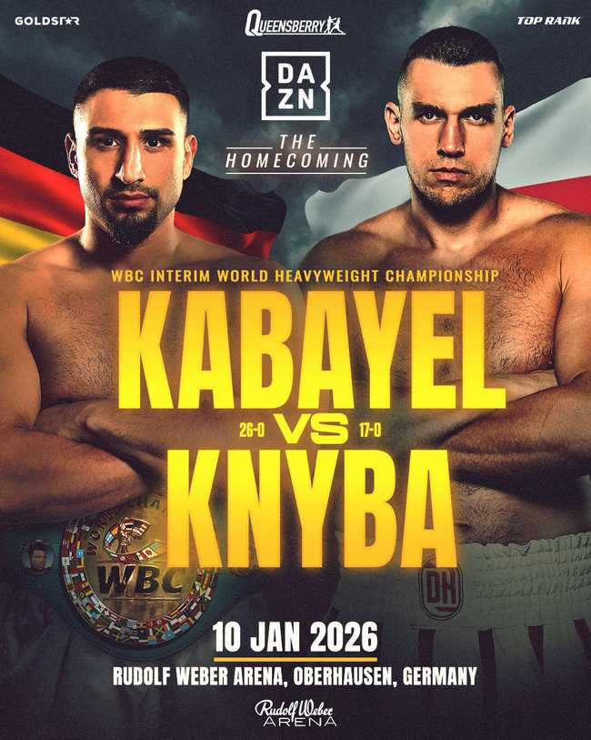 Fight poster showing Agit Kabayel and Damian Knyba in various poses.