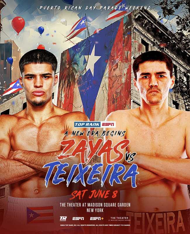 Fight poster showing Xander Zayas and Patrick Teixeira in various poses.