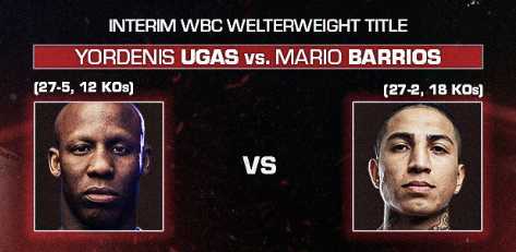 Fight poster showing Yordenis Ugas and Mario Barrios in various poses.