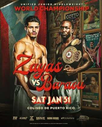 Fight poster showing Xander Zayas and Abass Baraou in various poses.