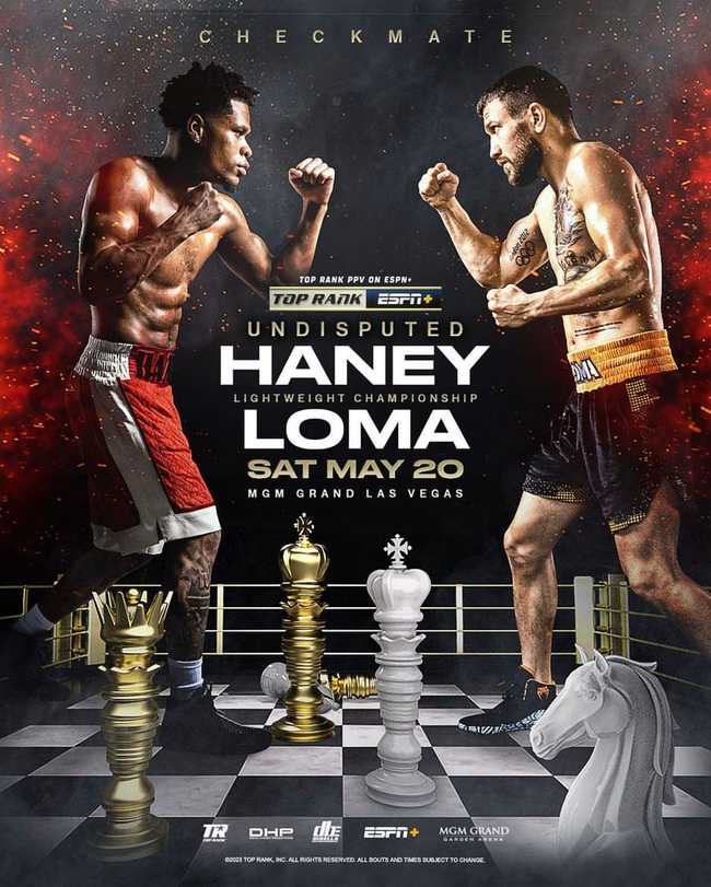 Fight poster showing Devin Haney and Vasiliy Lomachenko in various poses.