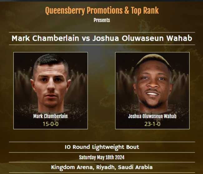 Fight poster showing Mark Chamberlain and Joshua Oluwaseun Wahab in various poses.