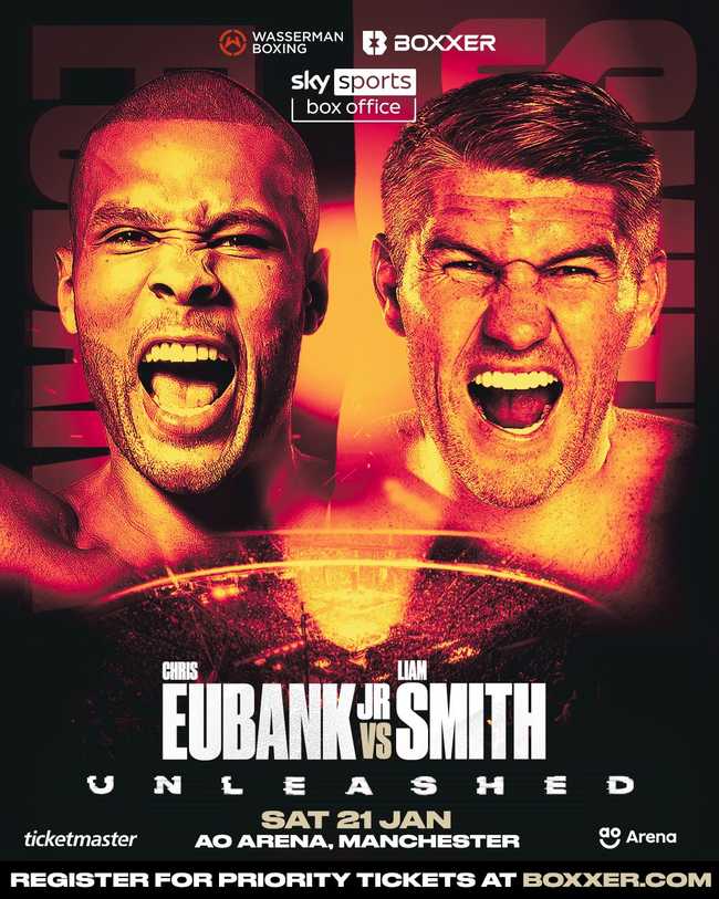 Fight poster showing Chris Eubank Jr and Liam Smith in various poses.