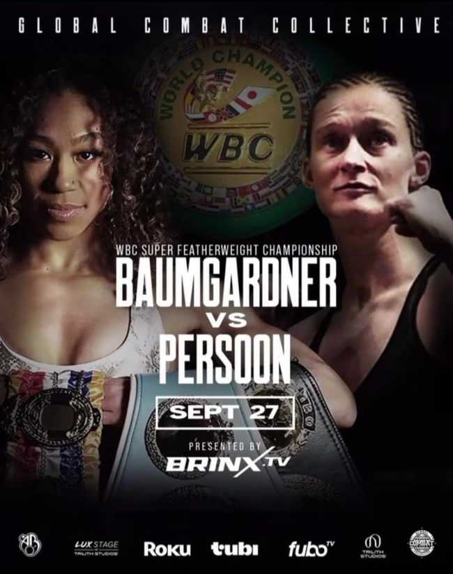 Fight poster showing Alycia Baumgardner and Delfine Persoon in various poses.
