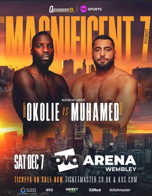 Fight poster showing Lawrence Okolie and Hussein Muhamed in various poses.