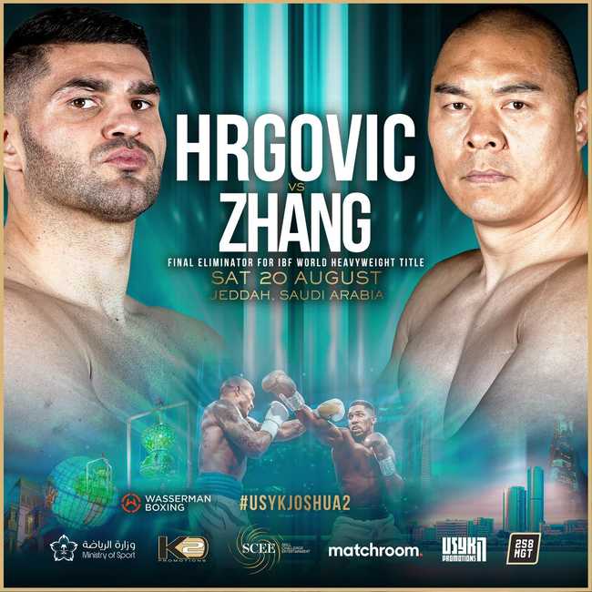 Fight poster showing Filip Hrgovic and Zhilei Zhang in various poses.