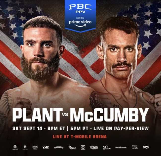 Fight poster showing Caleb Plant and Trevor McCumby in various poses.