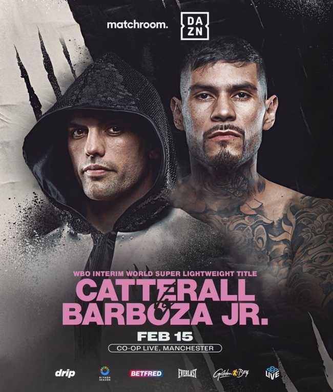 Fight poster showing Jack Catterall and Arnold Barboza Jr in various poses.