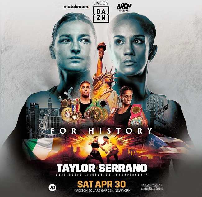 Fight poster showing Katie Taylor and Amanda Serrano in various poses.