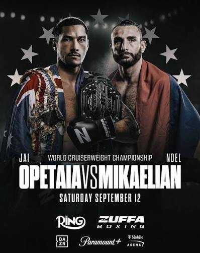 Fight poster showing Jai Opetaia and Norair Mikaeljan in various poses.