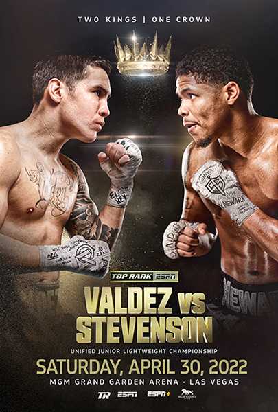 Fight poster showing Oscar Valdez and Shakur Stevenson in various poses.