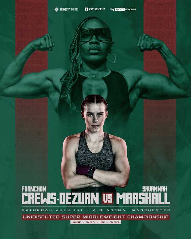 Fight poster showing Franchon Crews-Dezurn and Savannah Marshall in various poses.