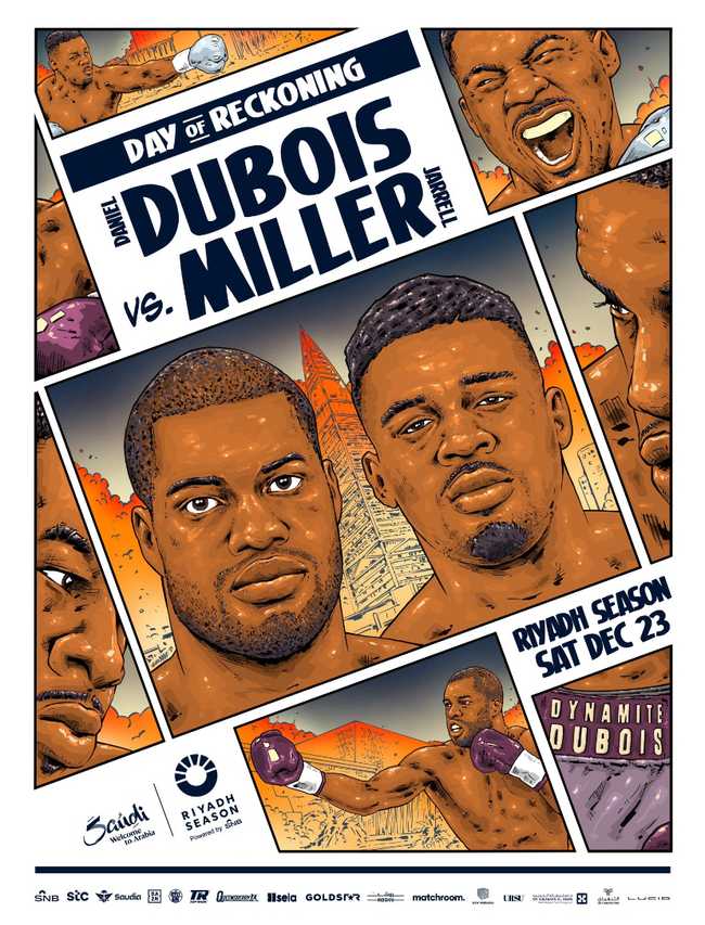 Fight poster showing Daniel Dubois and Jarrell Miller in various poses.