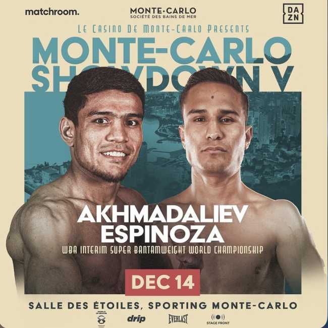 Fight poster showing Murodjon Akhmadaliev and Ricardo Espinoza Franco in various poses.