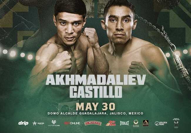 Fight poster showing Murodjon Akhmadaliev and Luis Castillo in various poses.