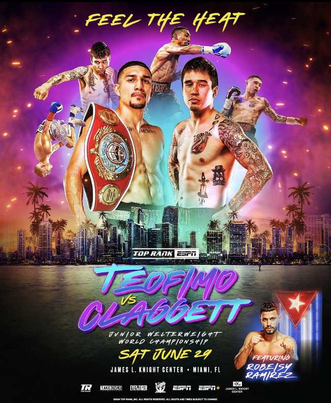 Fight poster showing Teofimo Lopez and Steve Claggett in various poses.