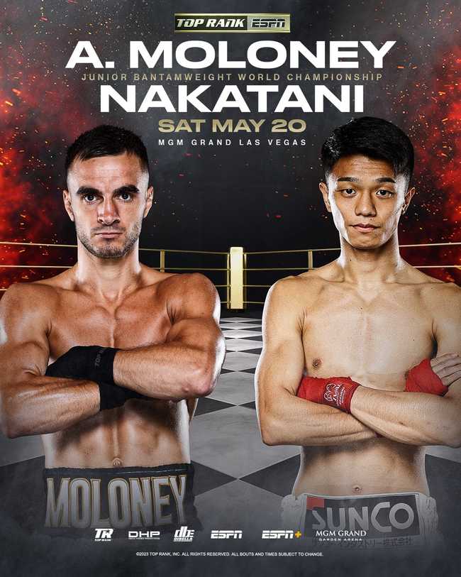 Fight poster showing Andrew Moloney and Junto Nakatani in various poses.